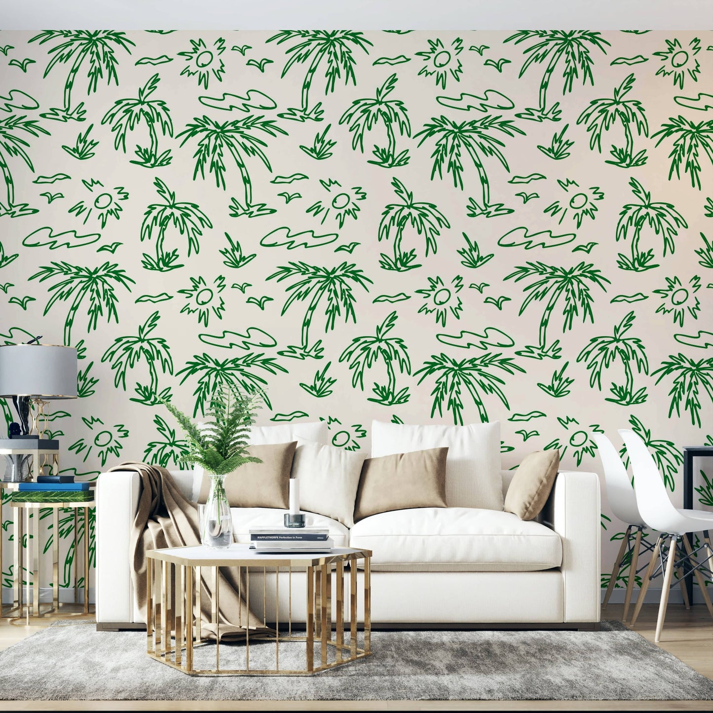 Off-white tropical palms wallpaper featuring green doodles.
