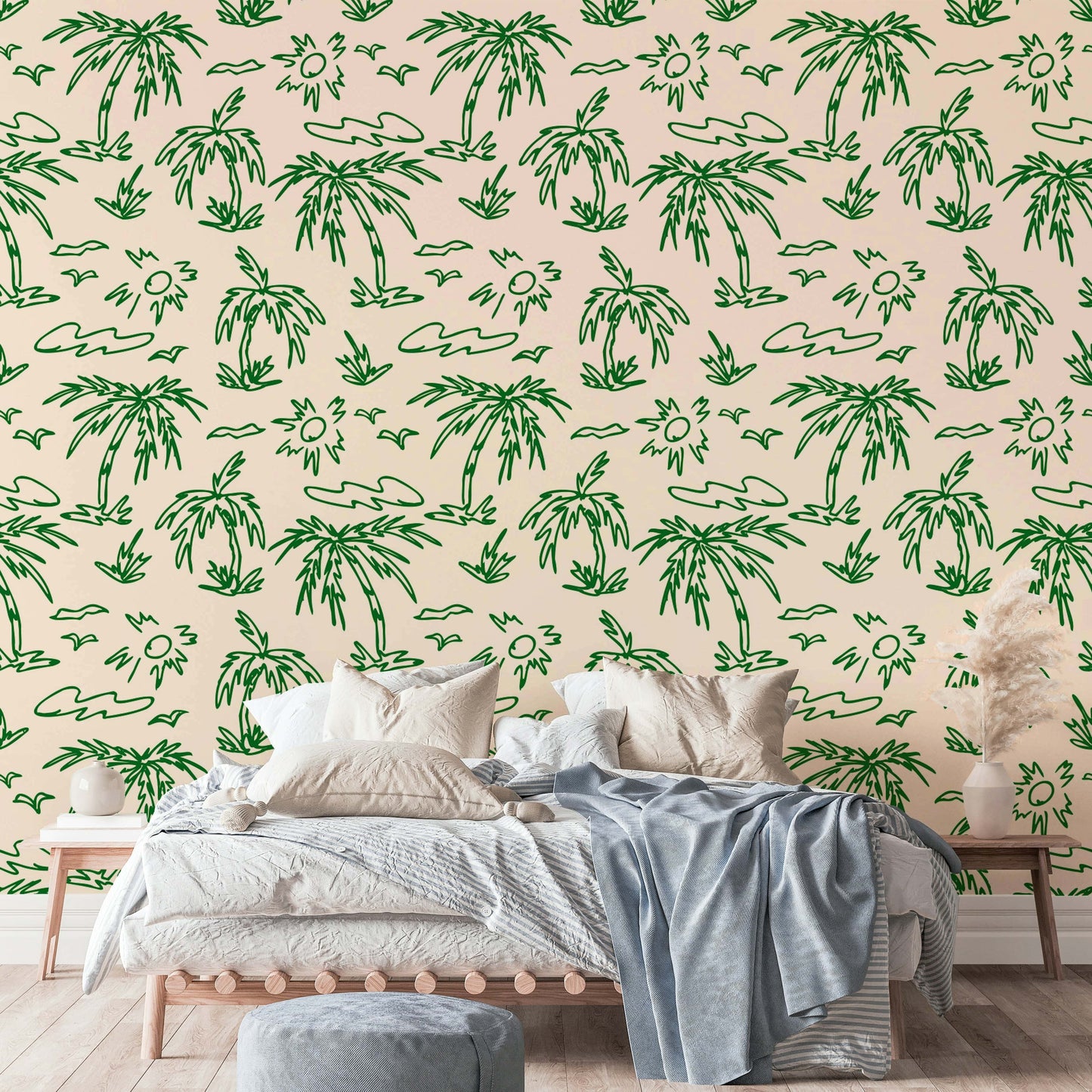 Sketchy emerald palm and sun wallpaper for beach homes.
