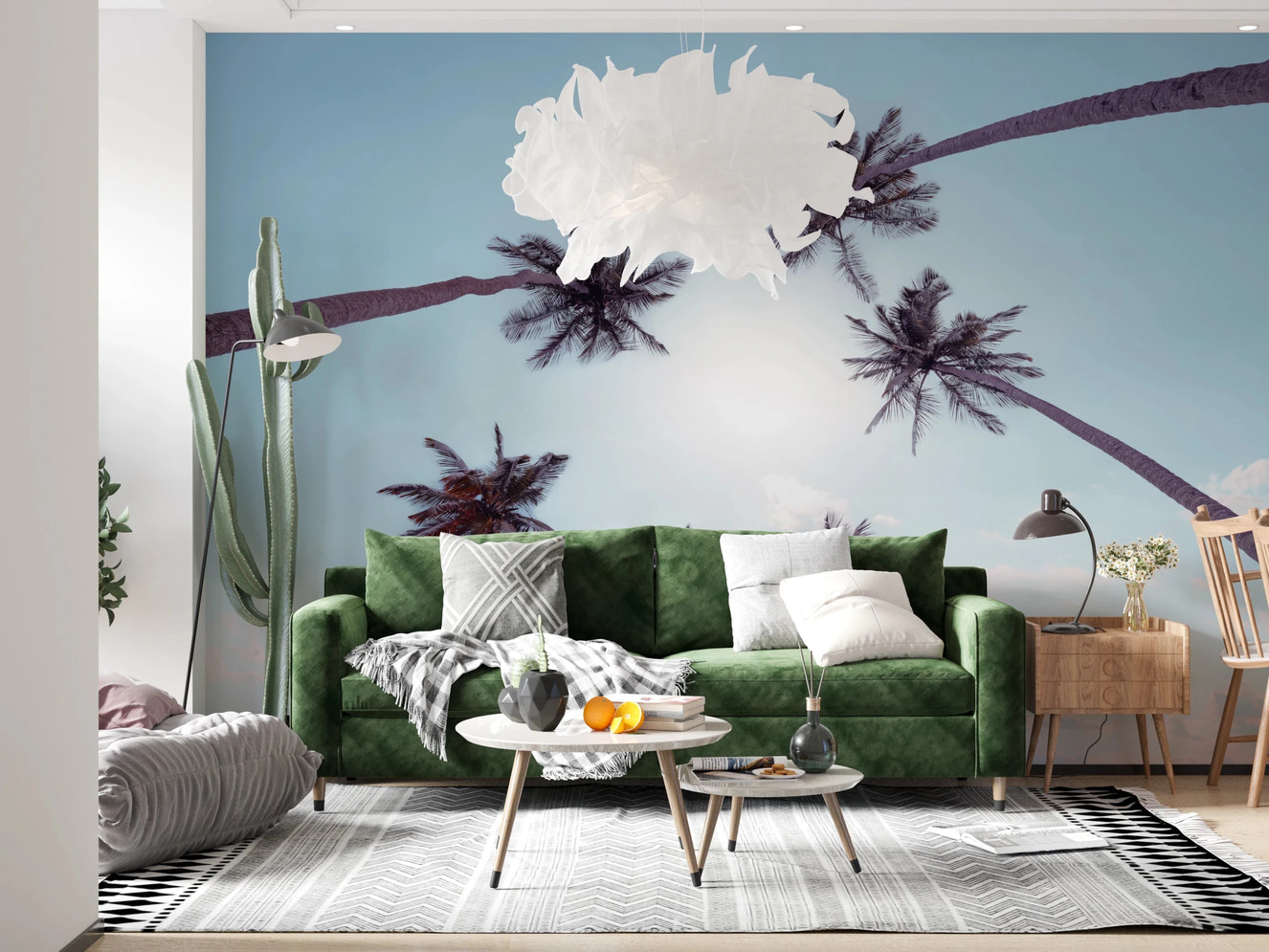 Tropical Palms Sky View for hallway Wall Mural showing silhouettes against bright daylight.