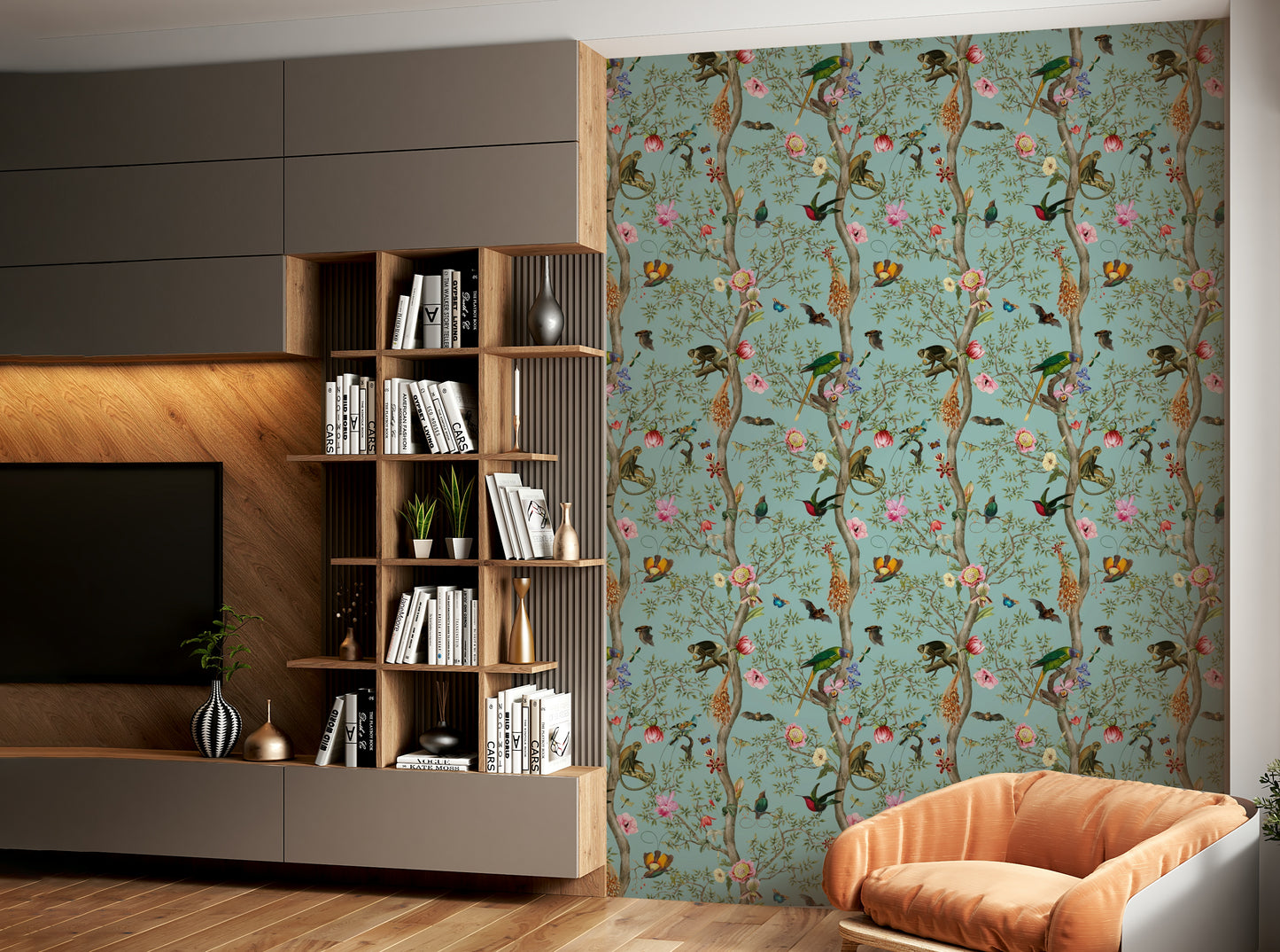 Wallpaper with detailed bird illustrations and tropical plants.

