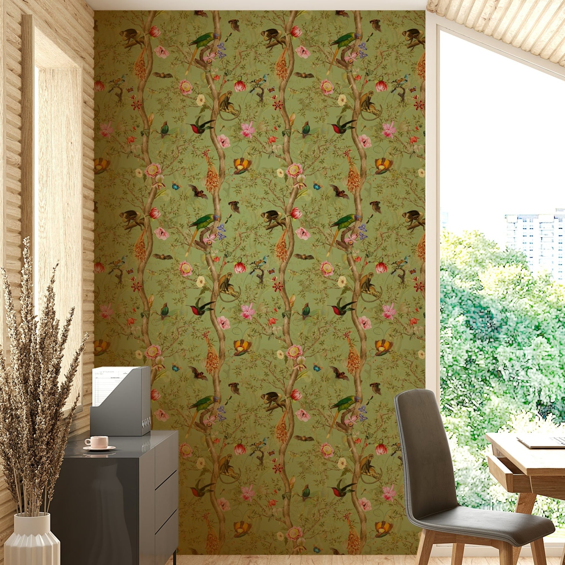 Wallpaper with parrots, flowers, and vines

