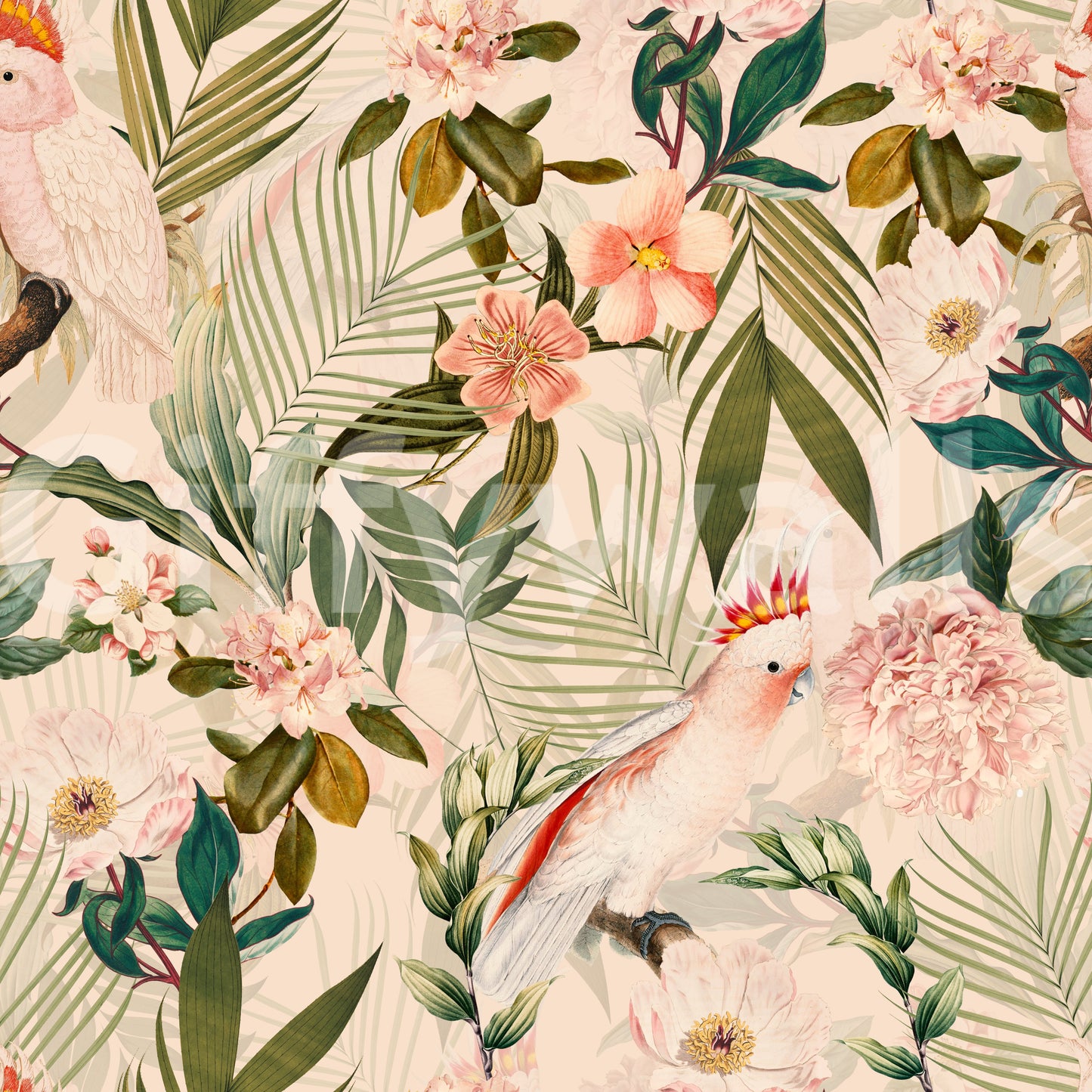 Colorful birds and lush leaves creating a tropical ambiance on walls.

