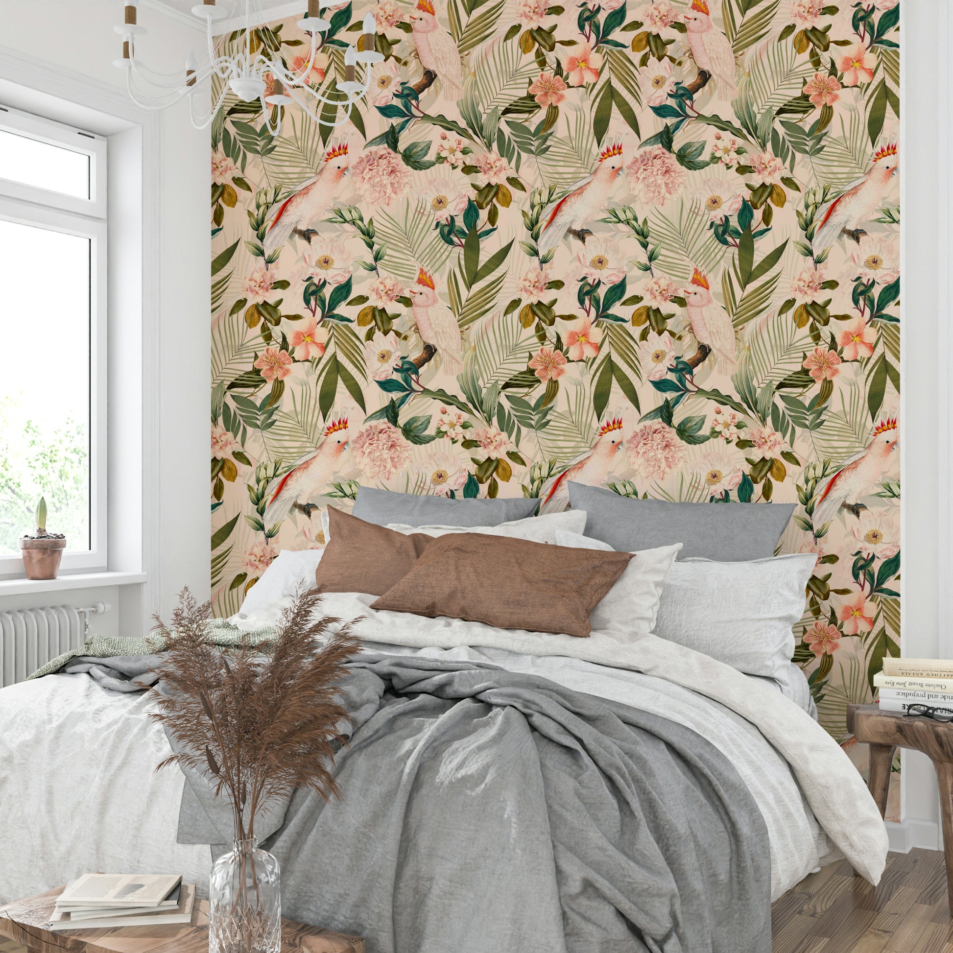 Close-up view of Tropical Paradise Birds wall mural with birds and plants.

