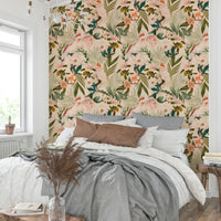 Close-up view of Tropical Paradise Birds wall mural with birds and plants.

