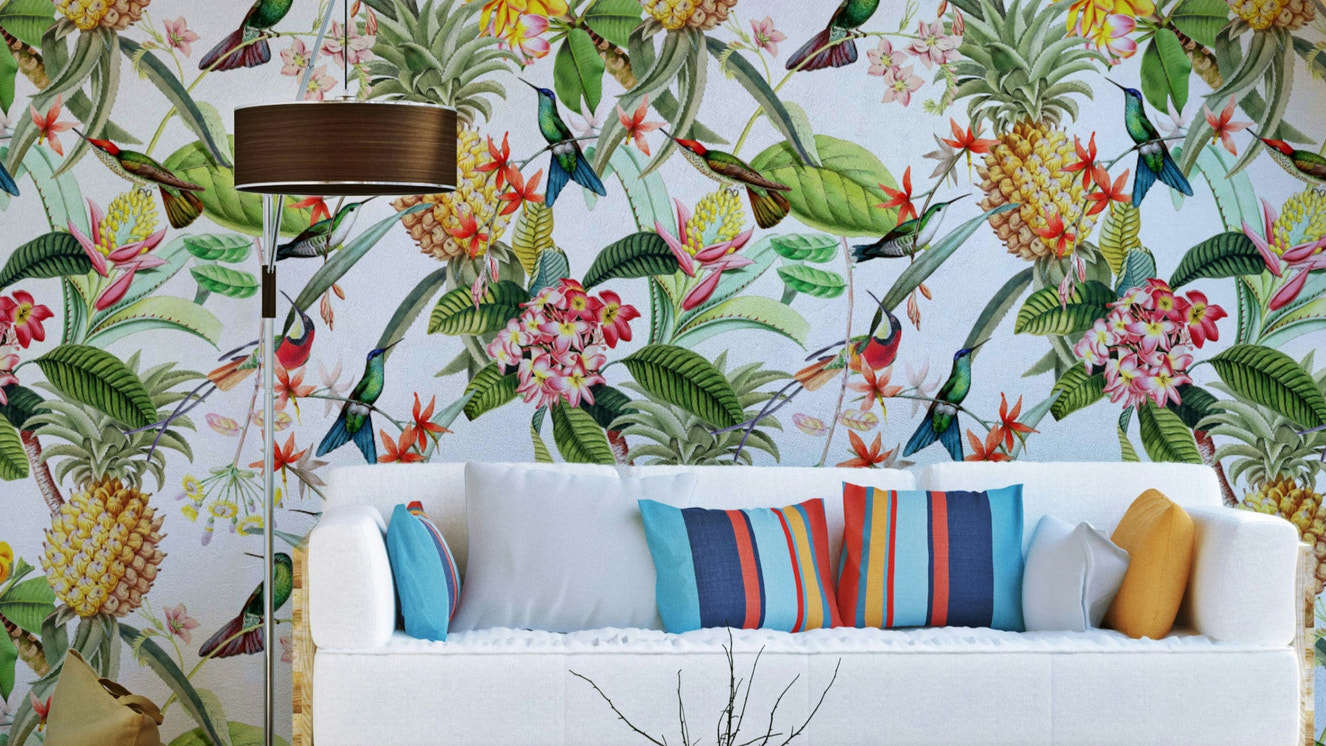 Tropical Paradise Hummingbirds Wallpaper with colorful hummingbirds and flowers.

