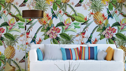 Tropical Paradise Hummingbirds Wallpaper with colorful hummingbirds and flowers.

