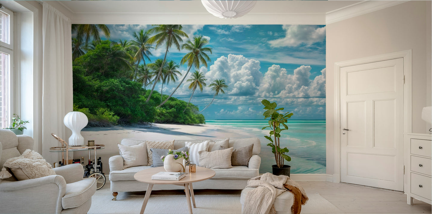 Summer beach mural with ocean waves

