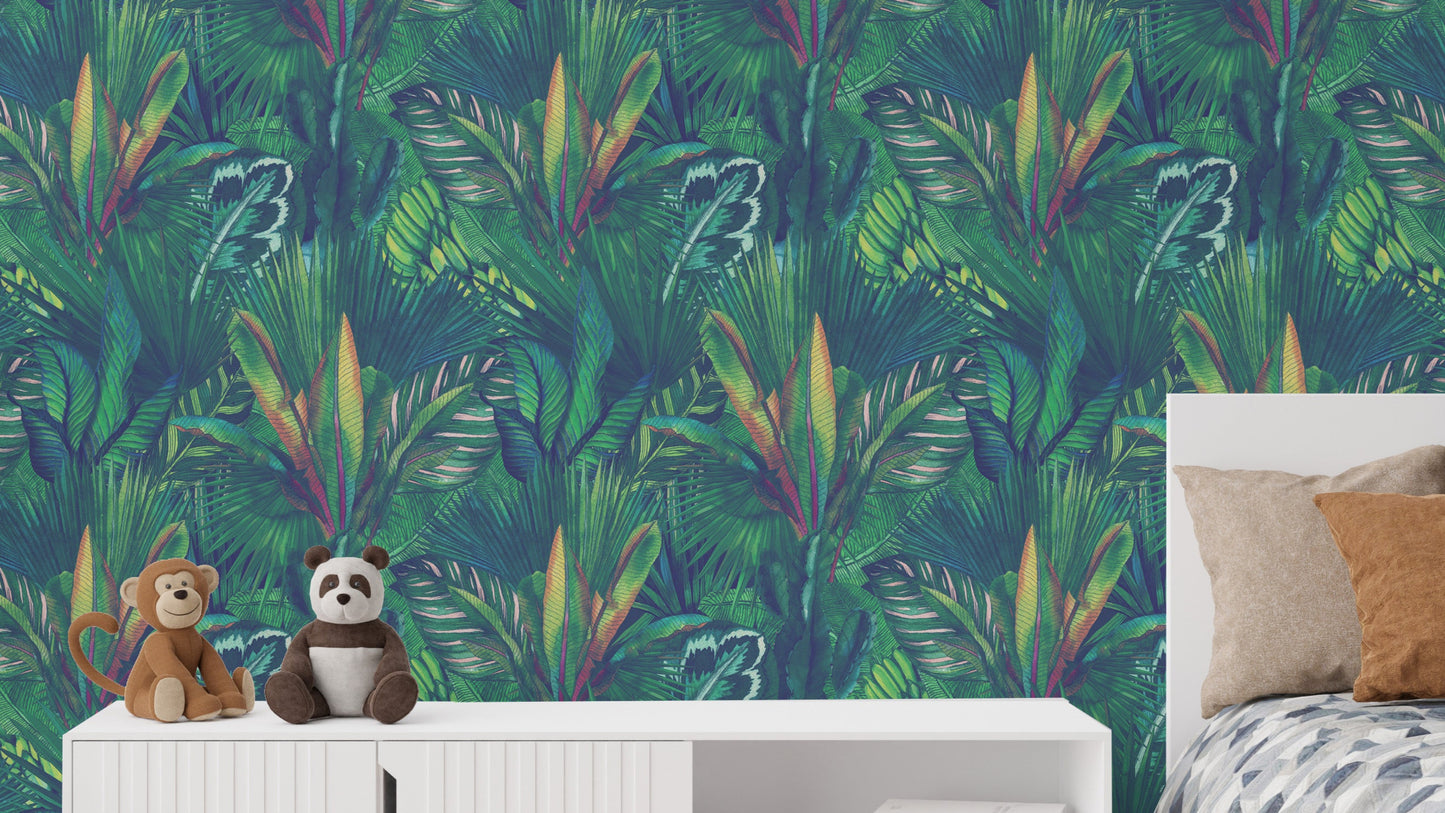 Tropical peel and stick wallpaper green in living room