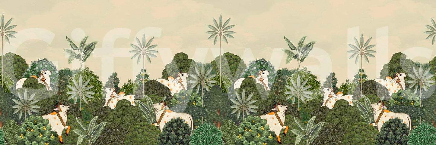 Tropical Pichwai wall mural styled with neutral furniture and plants