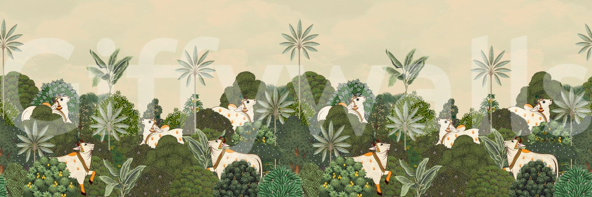 Tropical Pichwai wall mural styled with neutral furniture and plants