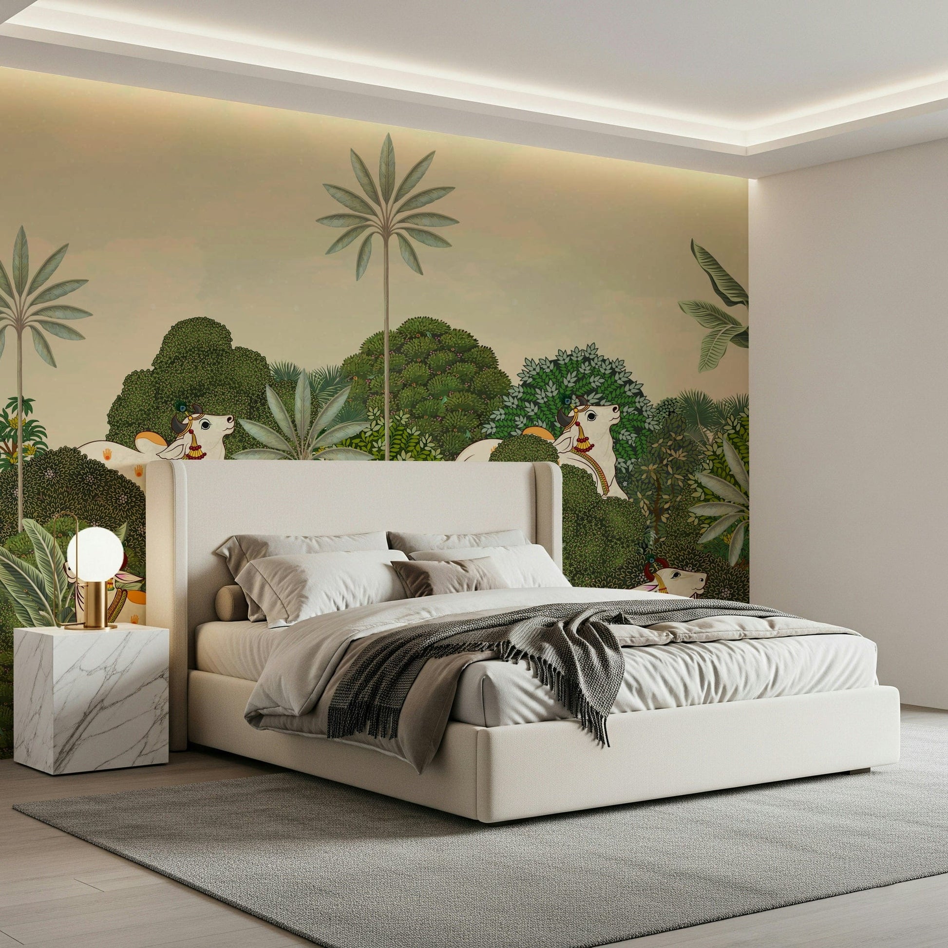 Tropical Pichwai mural wallpaper on living room feature wall