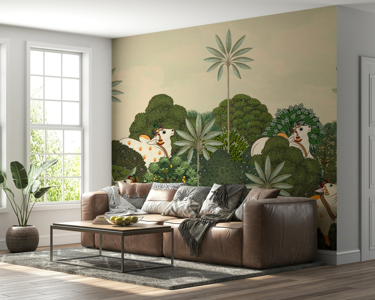 Tropical Pichwai wall mural with heritage-style artwork and palms