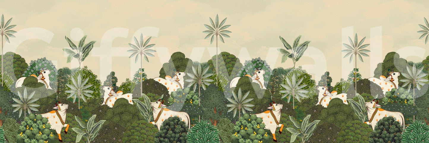 Tropical Pichwai wall mural styled with neutral furniture and plants