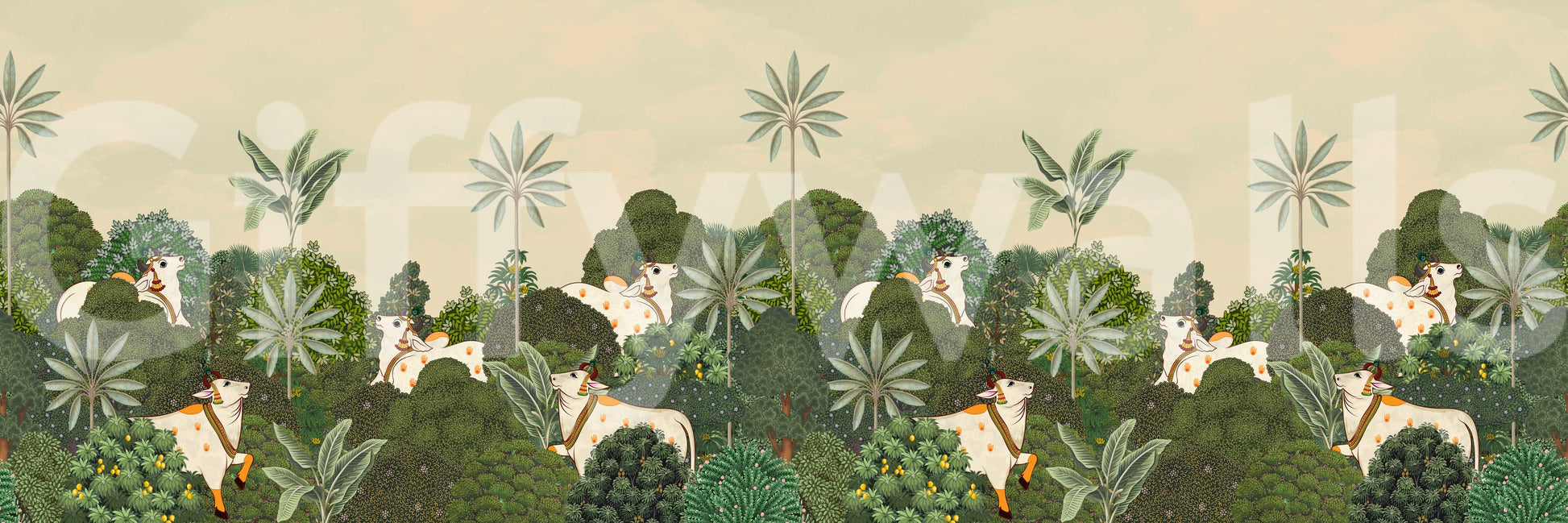 Tropical Pichwai wall mural styled with neutral furniture and plants