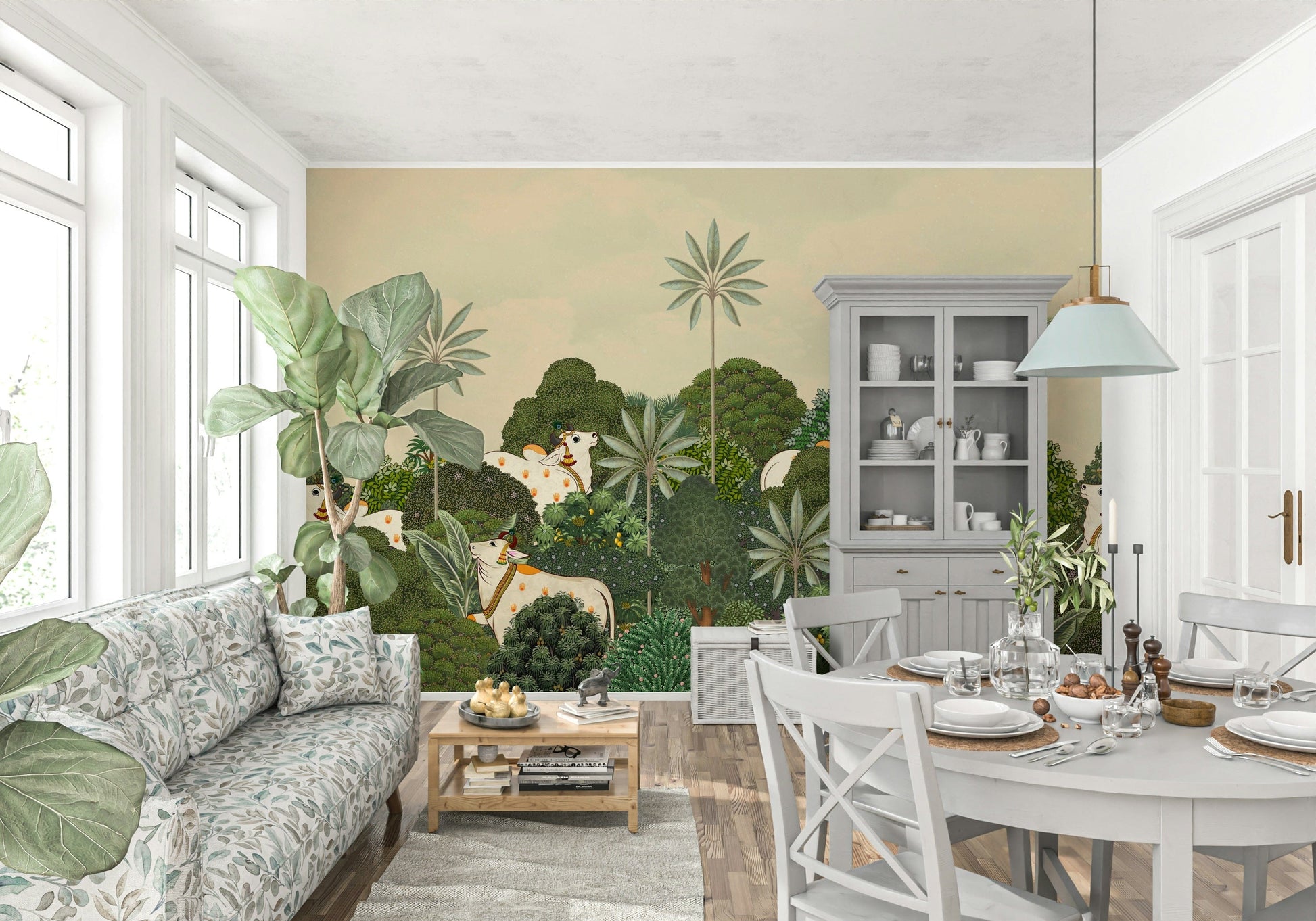 Tropical Pichwai wall mural as a bedroom accent wall