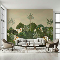 Tropical Pichwai mural installed behind sofa with warm lighting