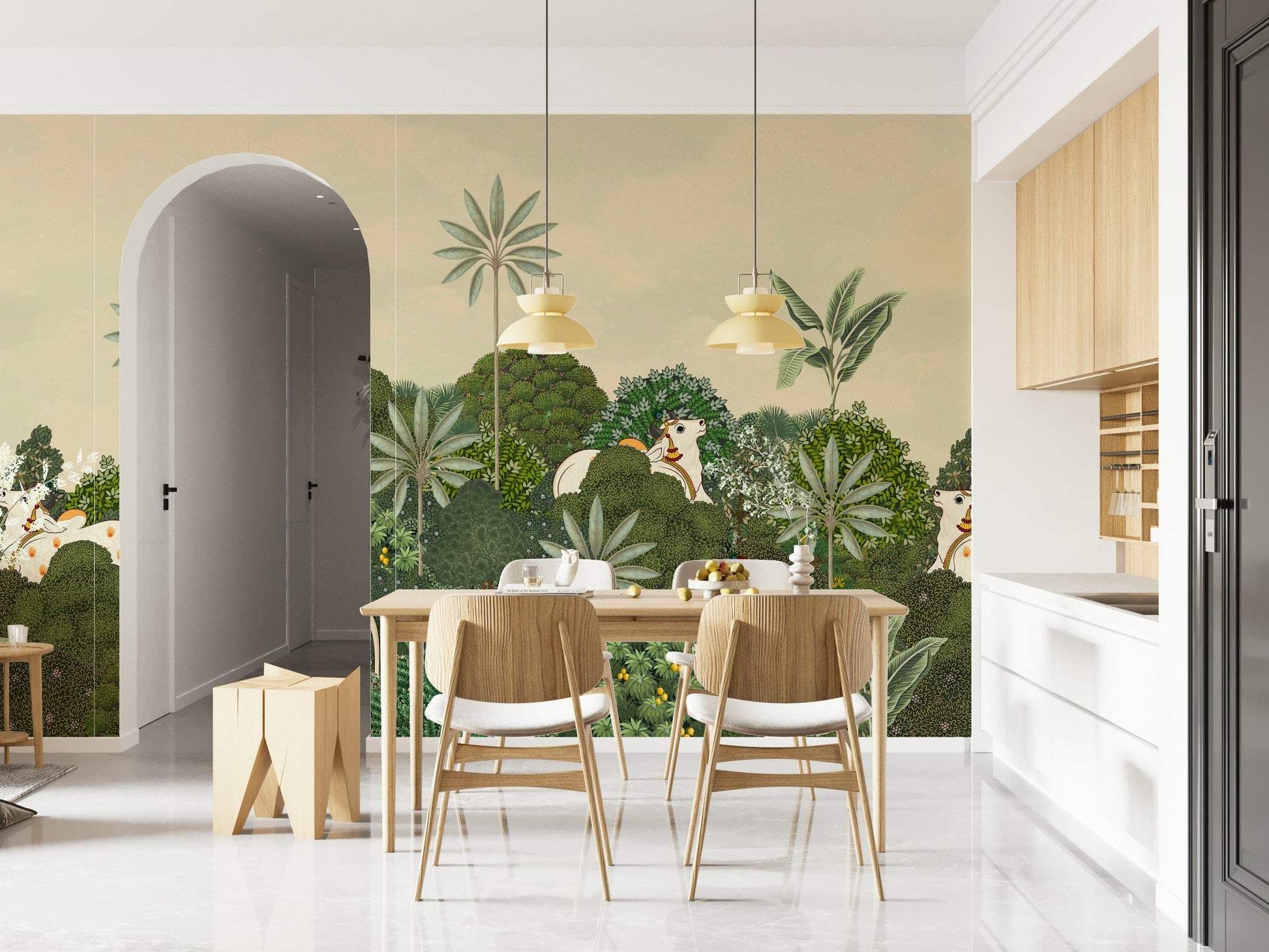 Close-up of Tropical Pichwai mural showing lotus and greenery patterns