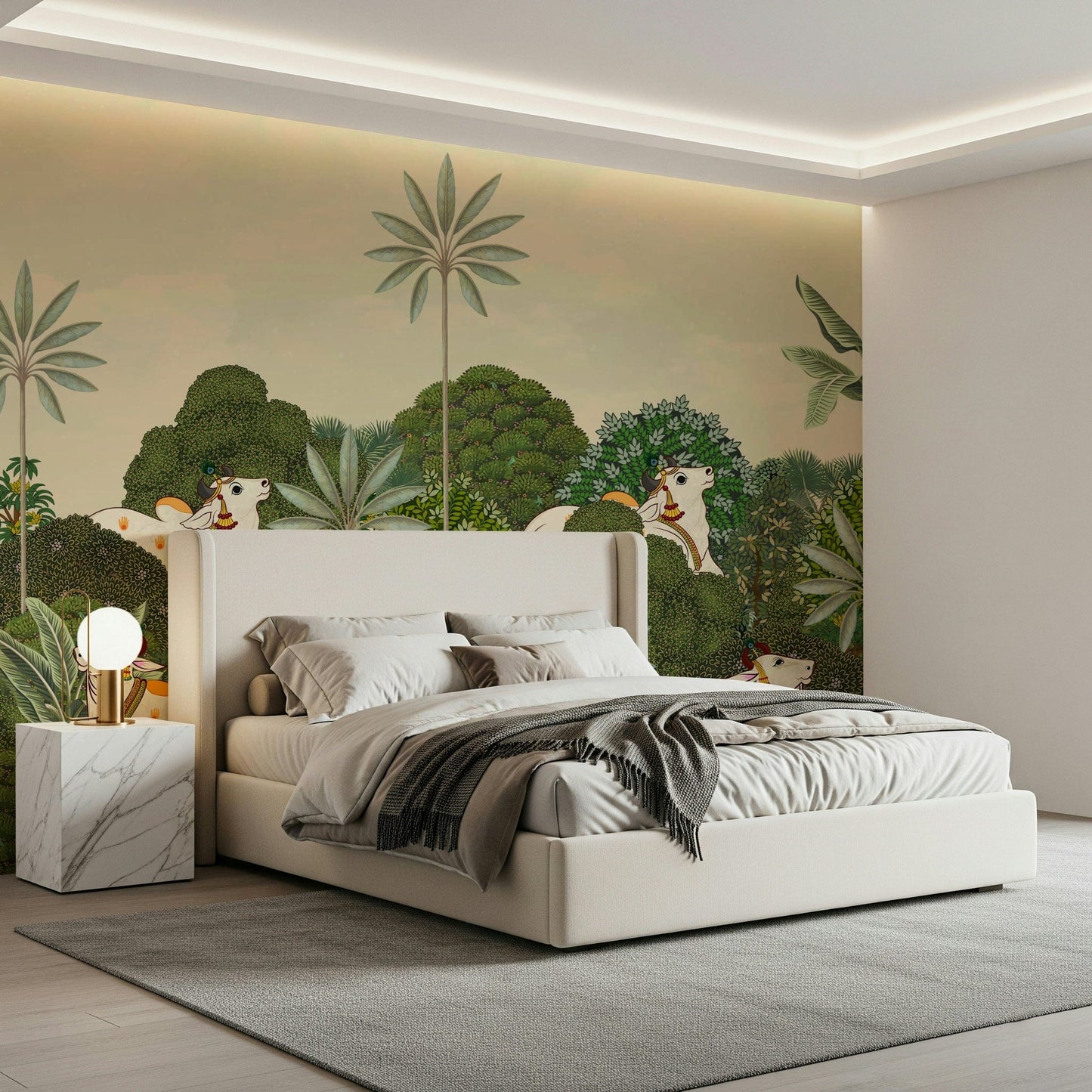 Tropical Pichwai mural wallpaper on living room feature wall