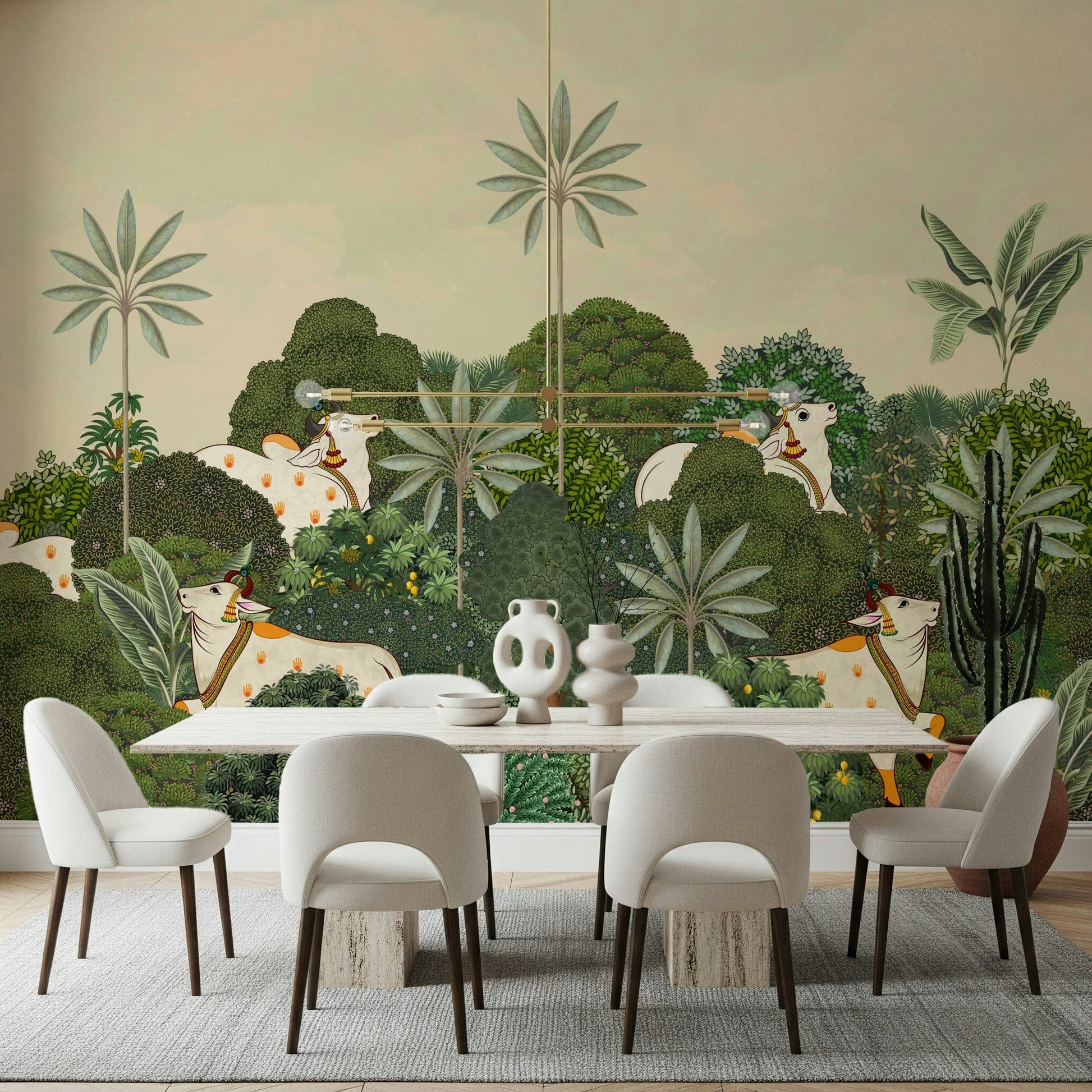 Pichwai-inspired tropical wall mural with floral and leafy details