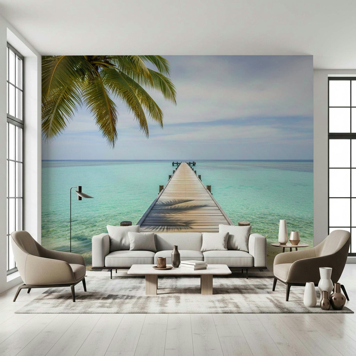 Tropical boardwalk mural in reading nook, ocean view, soft natural color palette, cozy seating