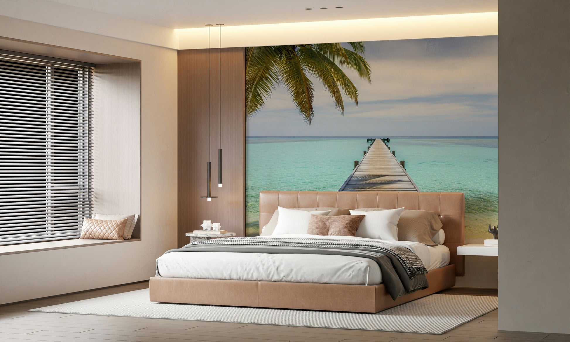 Tropical pier scene mural behind bed, sandy tones and teal water, clean minimal bedroom styling
