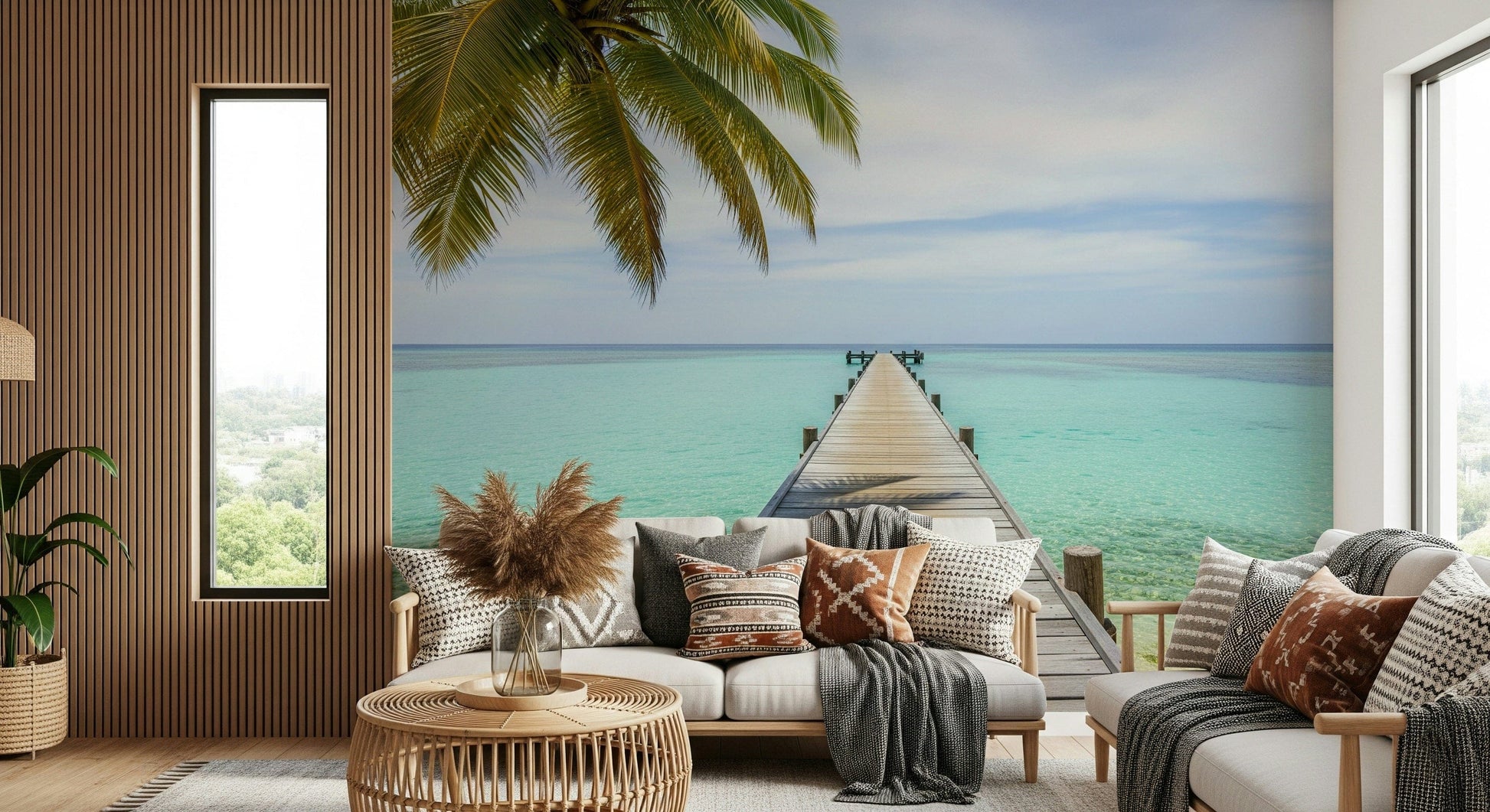 Tropical pier mural in guest room, calm coastal artwork, light wood pier and ocean backdrop