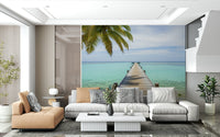 Tropical Pier Wall Mural in bedroom, wooden boardwalk to sea, soft sky colors, calm backdrop
