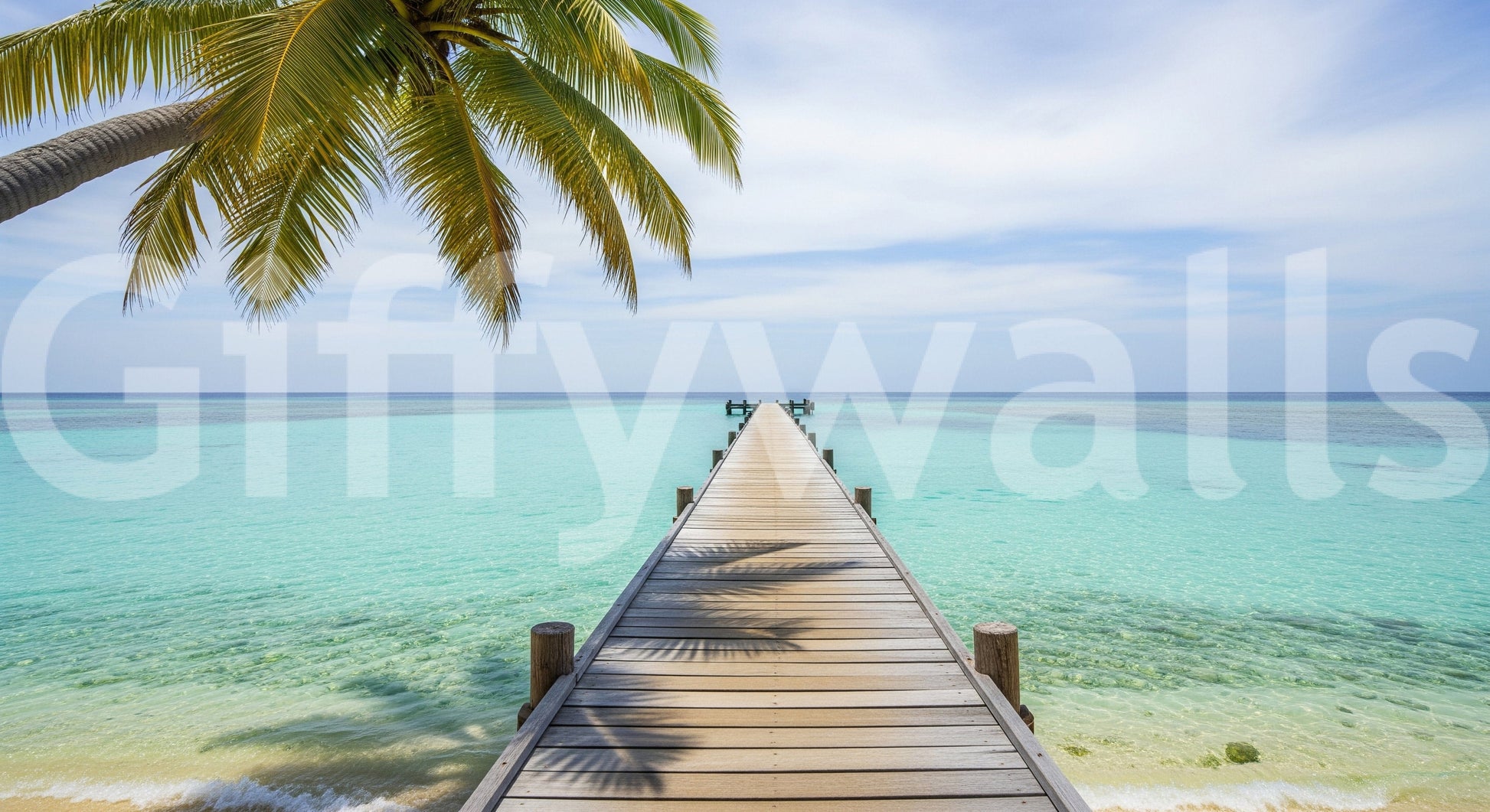 Beach pier wall mural in yoga room, tranquil sea view, airy scene for a quiet space