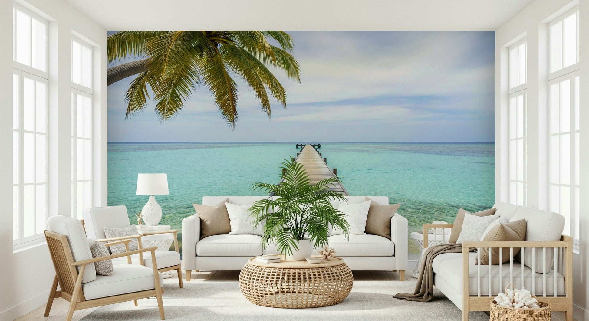 Ocean pier wallpaper mural in apartment dining area, palm-lined walkway, relaxed coastal style