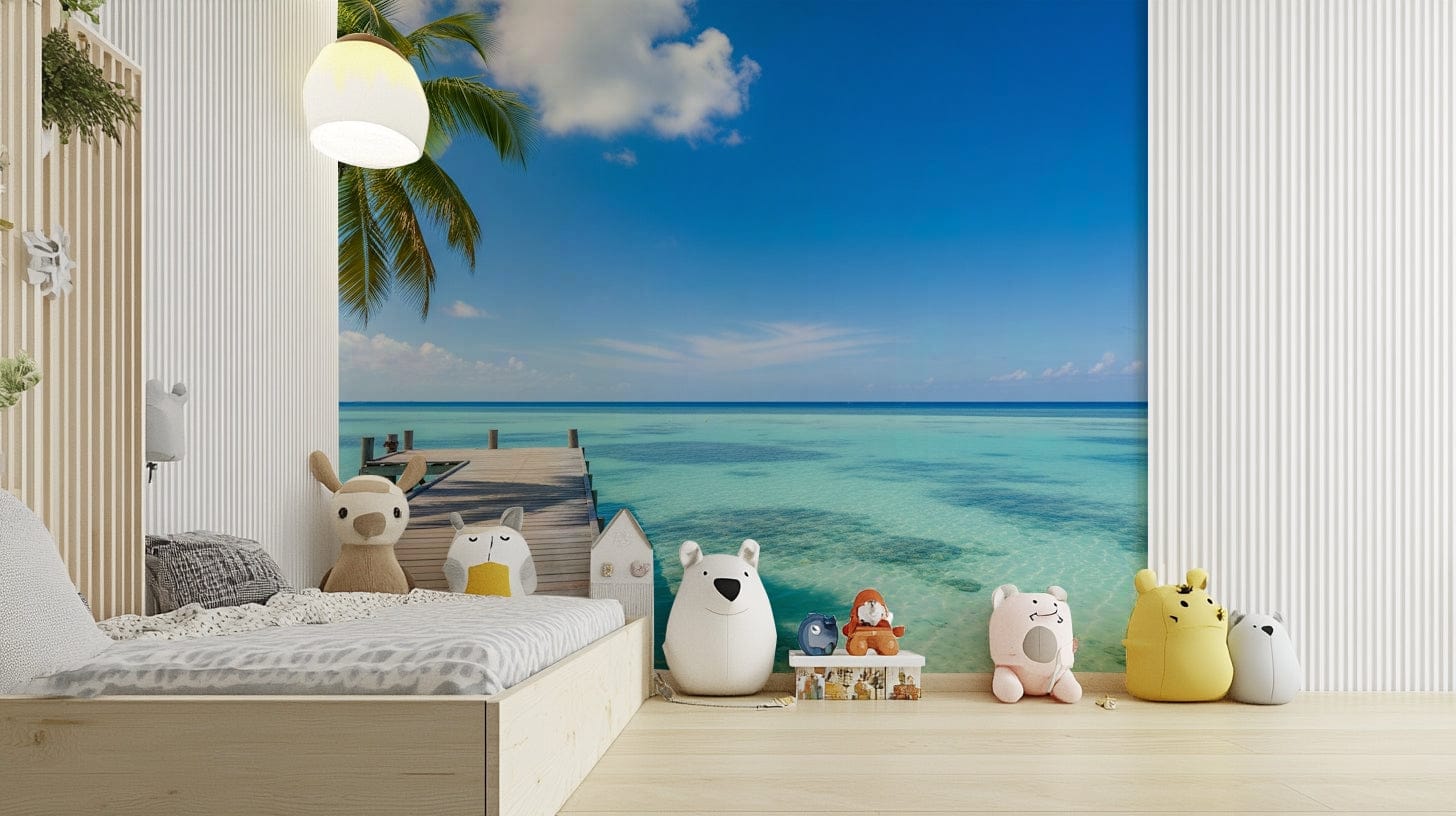 Lush, green foliage, like palm leaves and ferns, fills the image.
