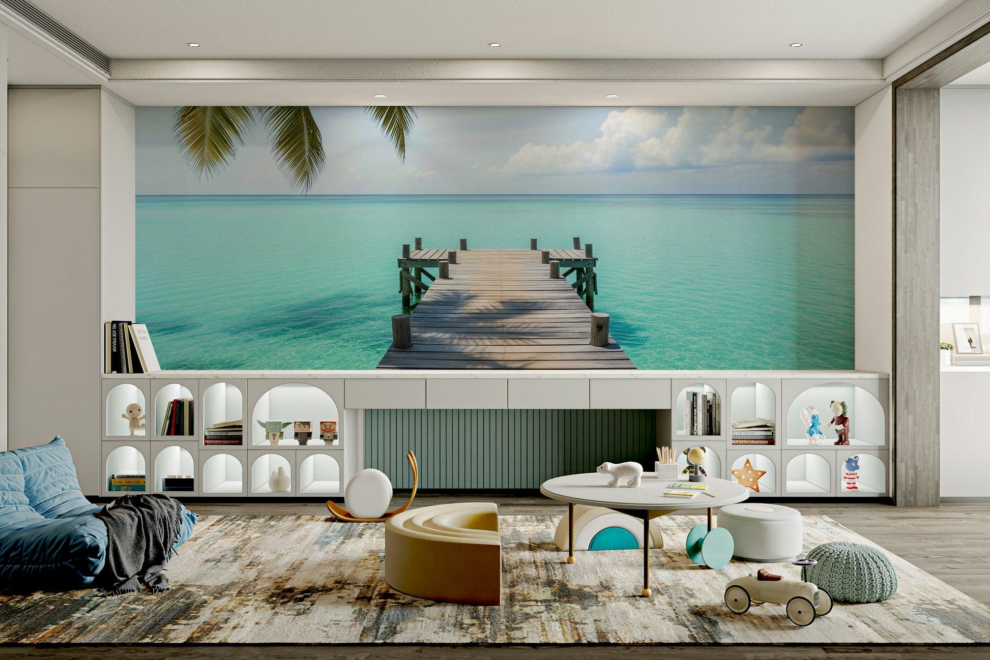 A wall mural depicting a serene, tropical pier scene.
