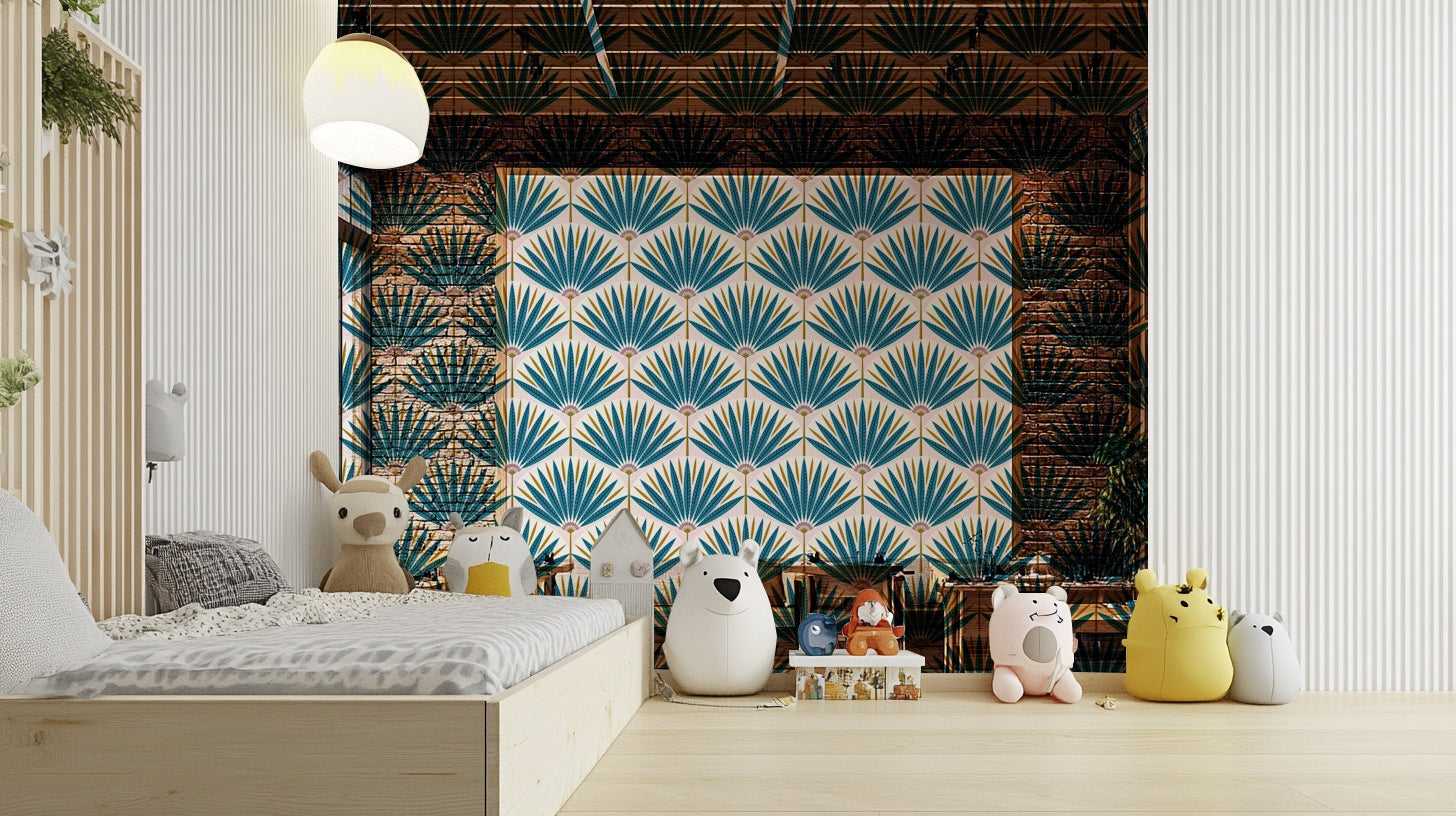 Exotic wallpaper with colorful jungle-inspired pattern

