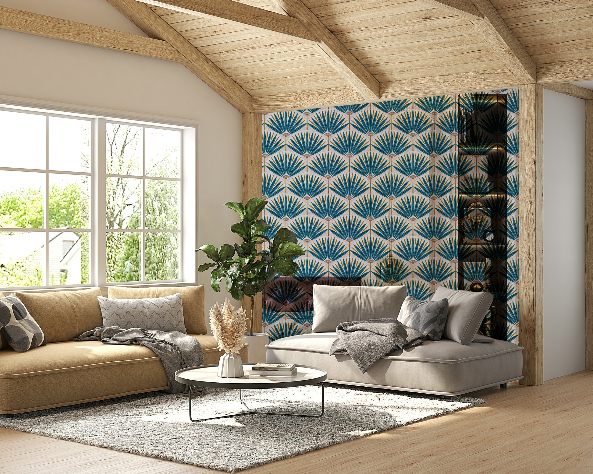 Bold tropical mural featuring palms and floral bursts

