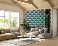 Bold tropical mural featuring palms and floral bursts

