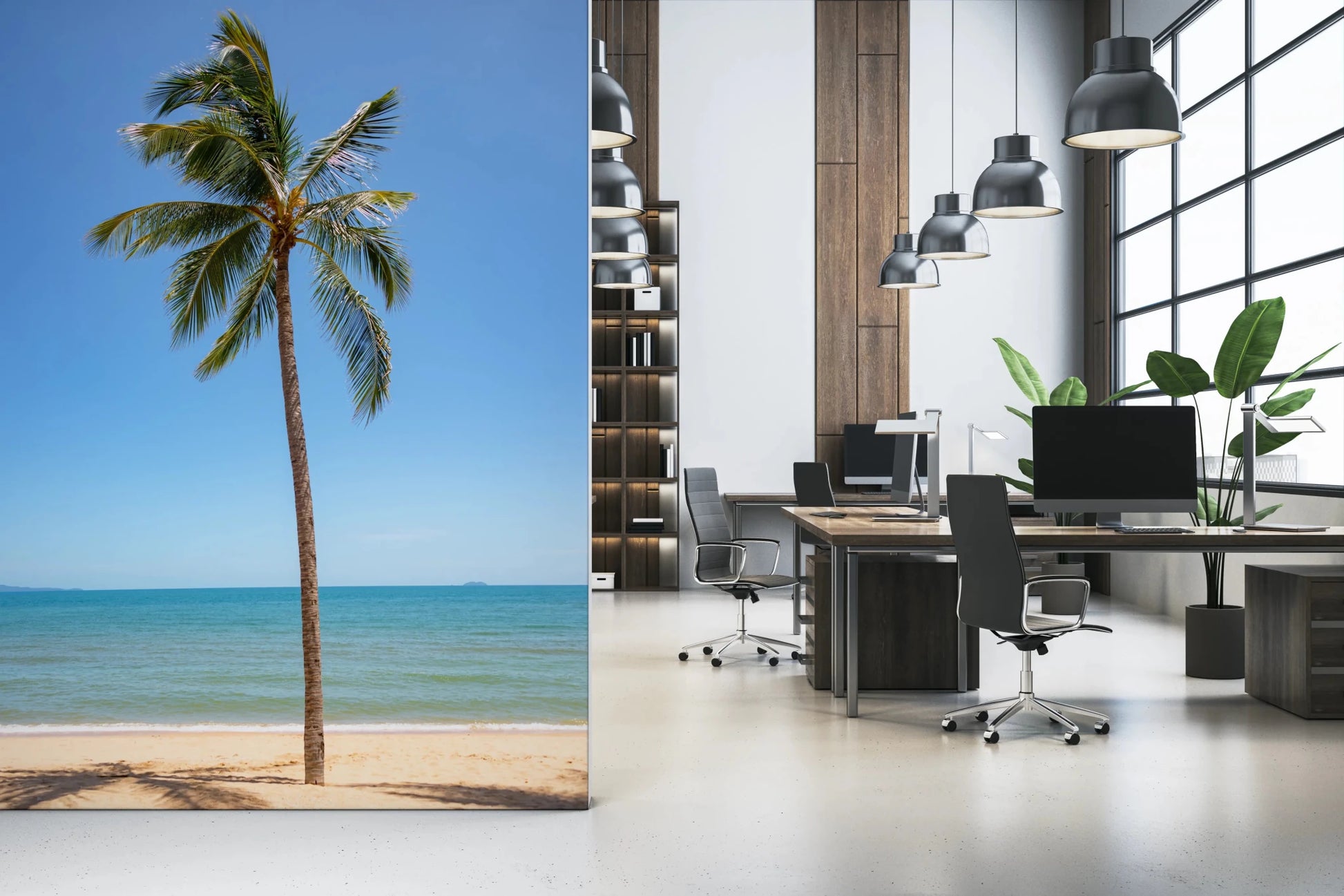 Tropical Retreat wallpaper mural of a beach palm tree beside desks and chairs in an open-plan home office