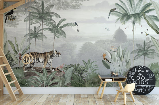 Tropical tiger wallpaper mural of a tiger in a vintage green jungle behind a bunk-bed ladder and Cool Kids chalkboard