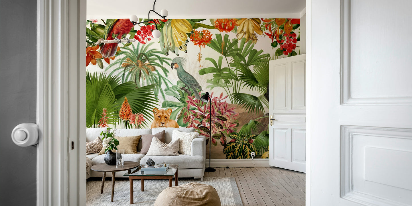 Vintage-inspired tropical mural with lush greenery and blooms

