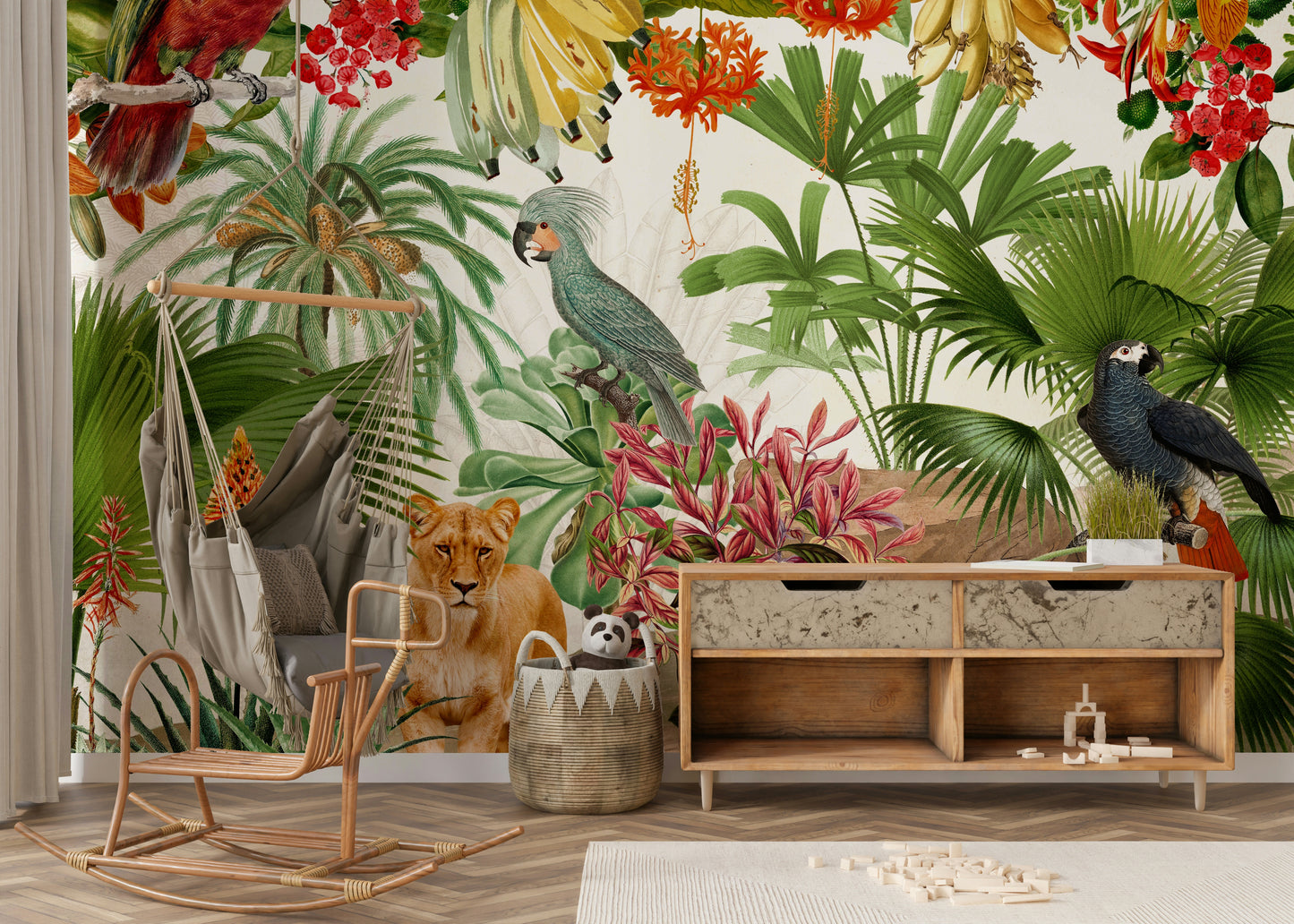 Wallpaper for walls with rich tropical foliage and wildlife

