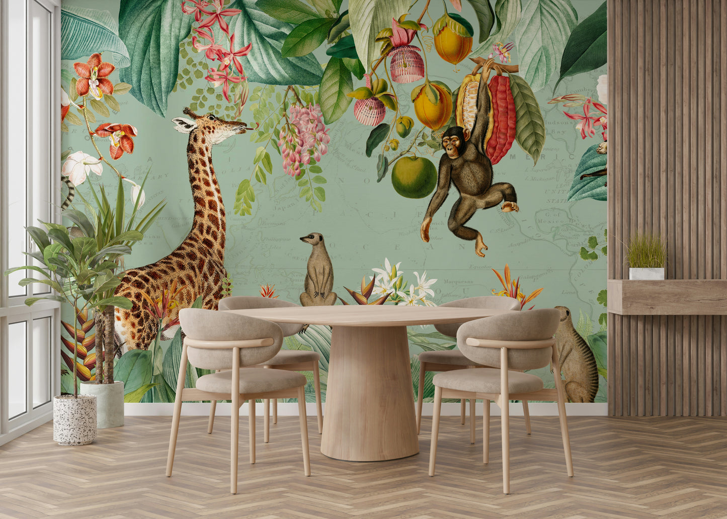 Nature-filled vintage mural with vibrant tropical flowers

