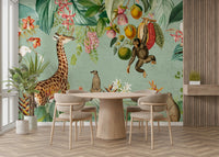 Nature-filled vintage mural with vibrant tropical flowers


