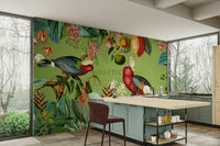 Exotic wallpaper mural featuring jungle wildlife and greenery

