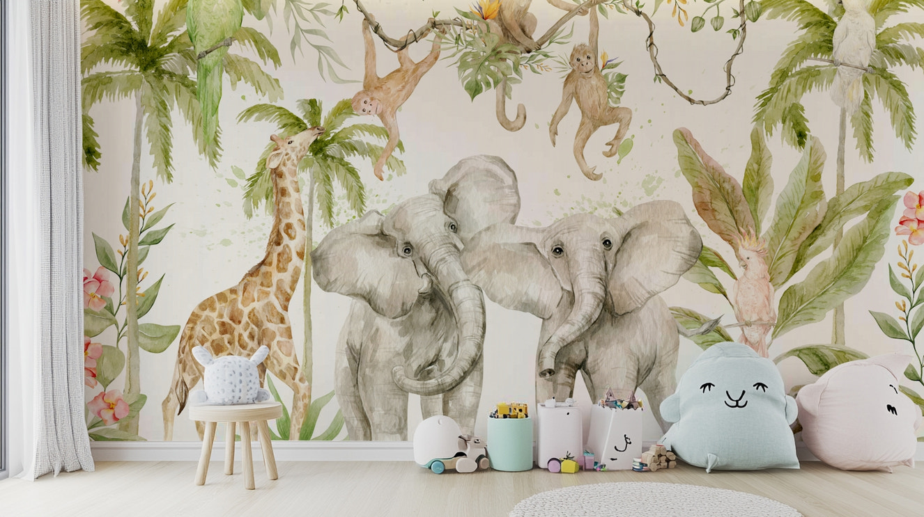 Tropical wildlife mural wallpaper with birds

