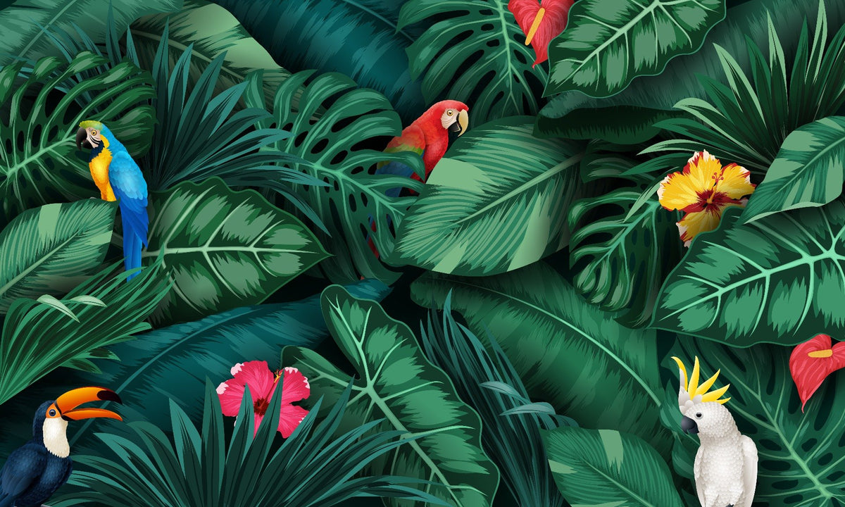 Frunze verzi tropicale și păsări de tapet mural in your room — zoomed