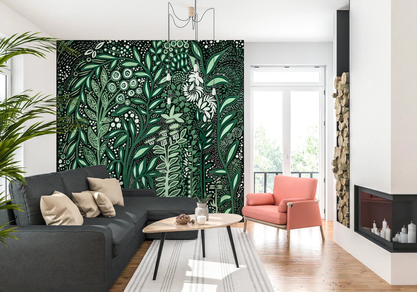 Tropifolia Alborosa Intricate Tropical Green Botanical Pattern with White Leaves and Delicate Floral Details Wall Mural
