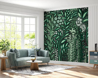 Tropifolia Alborosa Intricate Tropical Green Botanical Pattern with White Leaves and Delicate Floral Details Wall Mural