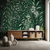 Tropifolia Alborosa Intricate Tropical Green Botanical Pattern with White Leaves and Delicate Floral Details Wall Mural