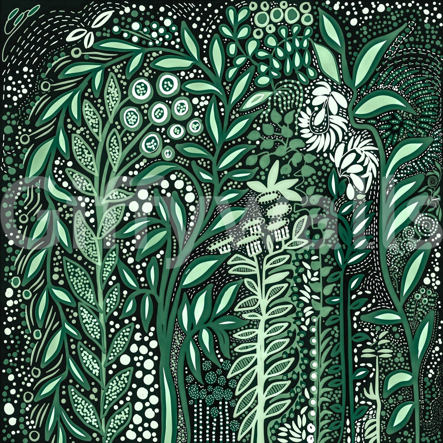 Tropifolia Alborosa Intricate Tropical Green Botanical Pattern with White Leaves and Delicate Floral Details Wall Mural