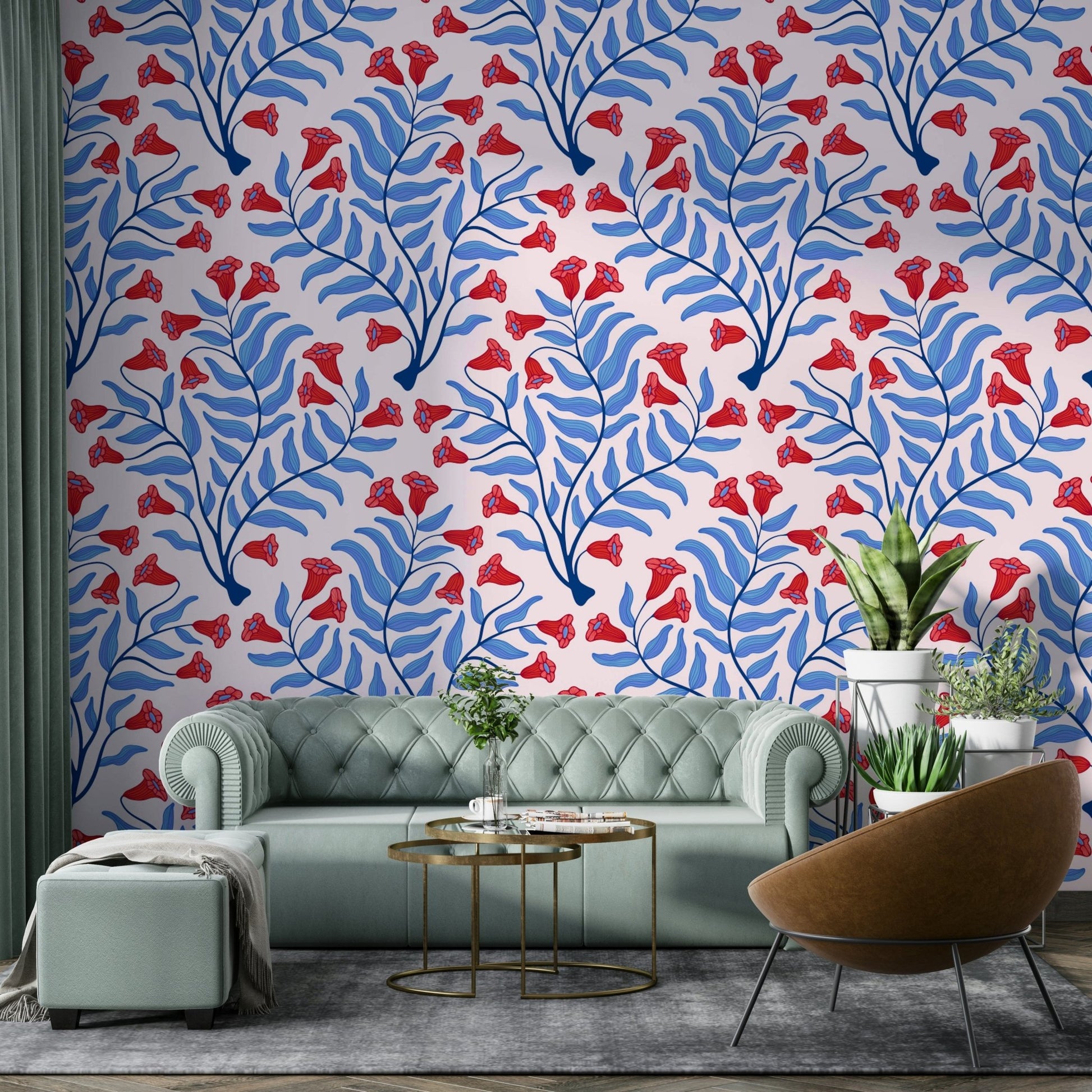 Elegant vintage wallpaper with colorful trumpet flowers

