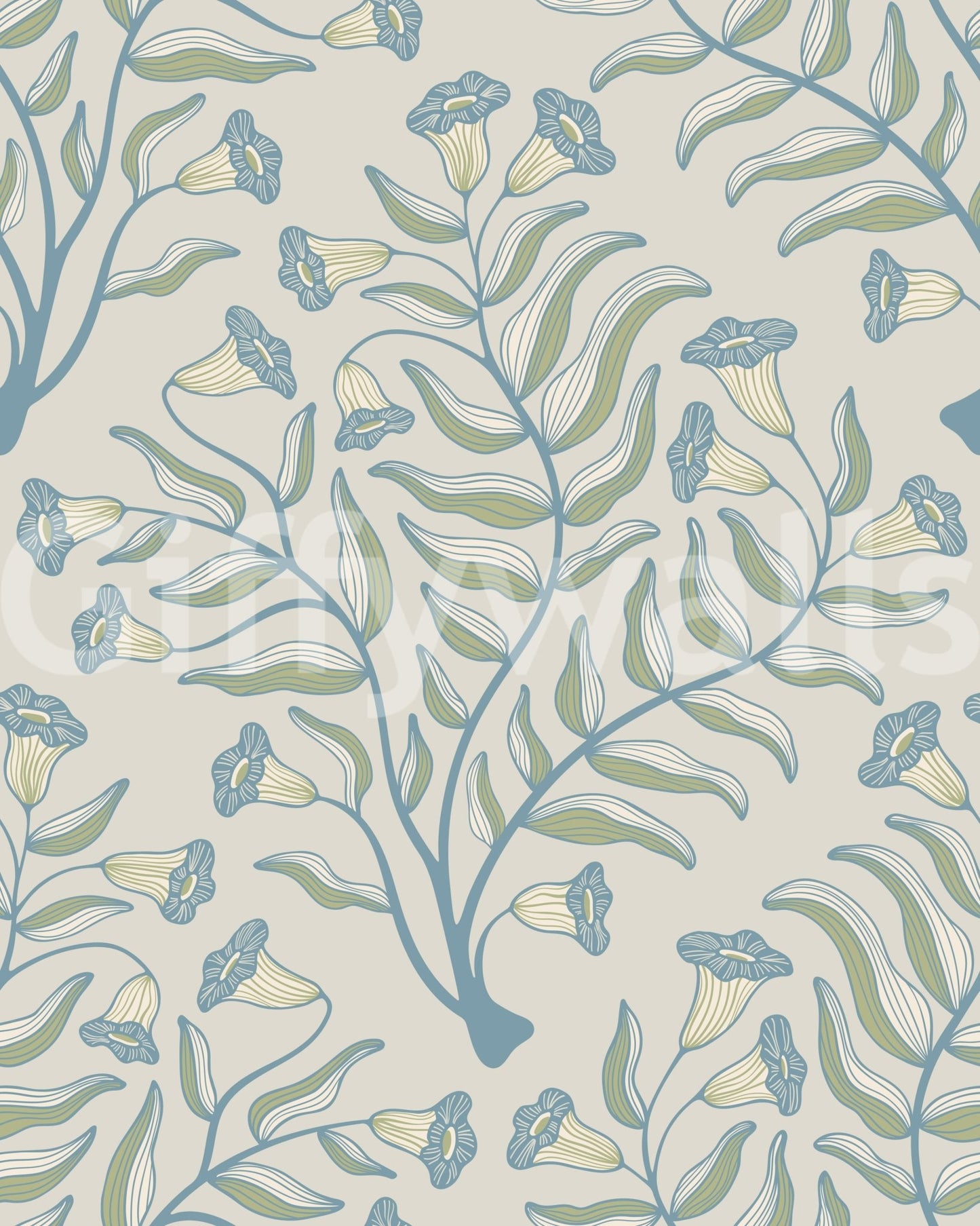 Gray botanical wallpaper with trumpet flower details


