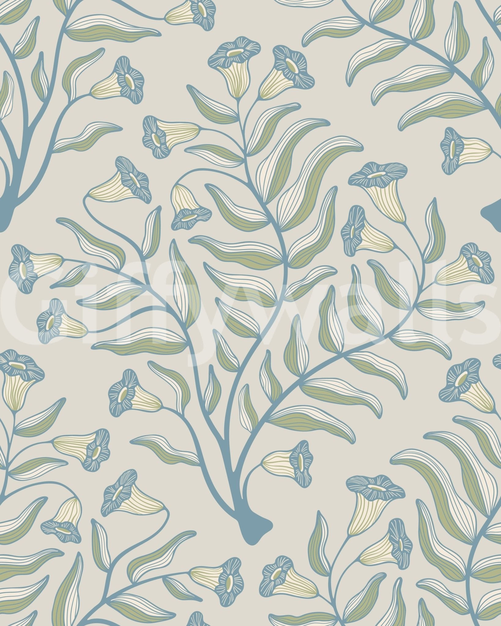 Gray botanical wallpaper with trumpet flower details

